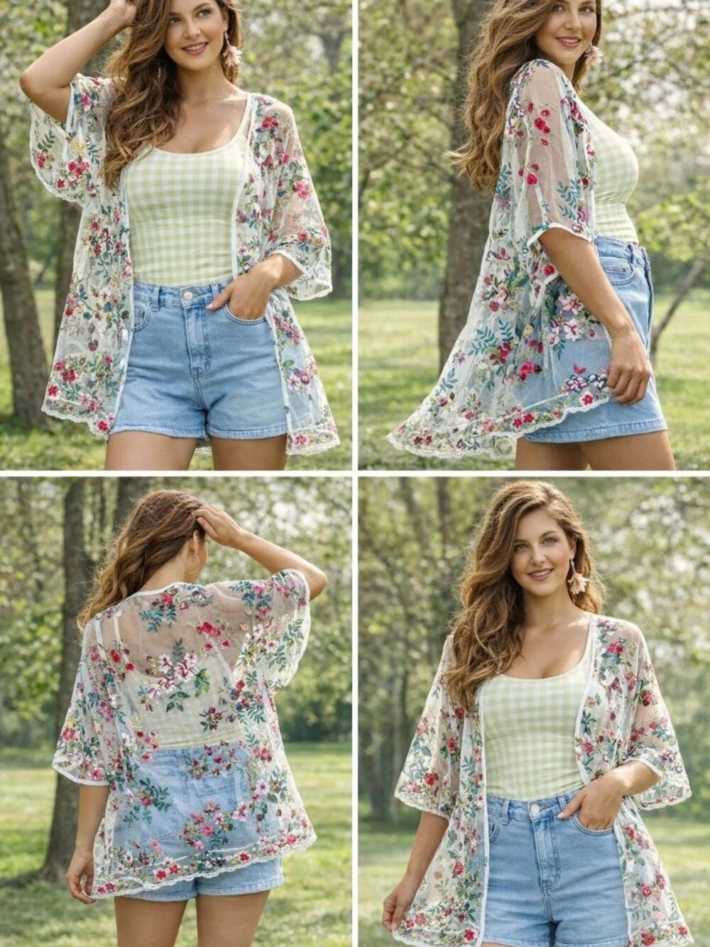 Sheer Floral Embroidered Kimono Cardigan Mesh Boho Festival Cover Up Umgee sz M